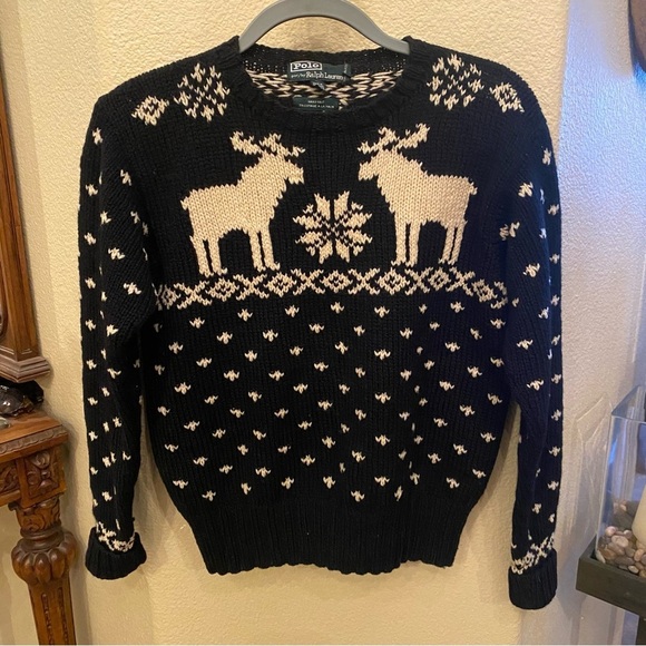 Vintage Polo by Ralph Lauren Women Nordic Reindeer 100% Wool Hand Knit Sweater-M - Picture 1 of 6